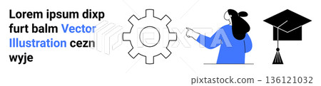 Education, career development, innovation, technology, learning, progress. Person in blue pointing at gear with graduation cap and text. Education and career development theme 136121032