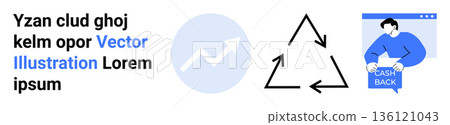 Business growth, recycling, cashback, vector graphics, digital economy, sustainability. A chart, recycling symbol and person with cashback sign. Business growth and recycling concepts Business growth, recycling, cashback, vector graphics, digital economy, sustainability. A chart, recycling symbol and person with cashback sign. Business growth and recycling concepts 136121043