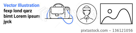 Graphic design, branding, business tools, identity, conceptual art, professional imagery. A vector image with a bag, person outline and landscape icon. Graphic design and branding concept Graphic design, branding, business tools, identity, conceptual art, professional imagery. A vector image with a bag, person outline and landscape icon. Graphic design and branding concept 136121056