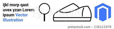 Fashion, search, exploration, branding, technology, retail. Magnifying glass and shoe icon with geometric shapes and text. Fashion and search concepts Fashion, search, exploration, branding, technology, retail. Magnifying glass and shoe icon with geometric shapes and text. Fashion and search concepts 136121079