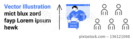 Cashback, online rewards, financial benefits, digital transactions, internet marketing, e-commerce. Person in a browser window with cashback text and group of people icons. Cashback and online 136121098