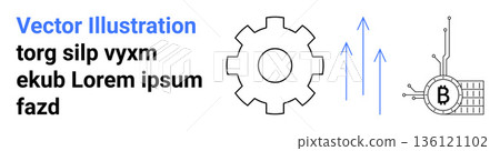 Blockchain technology, digital innovation, cryptocurrency, fintech, decentralized systems, future trends. A gear, arrows and a blockchain cryptocurrency symbol. Blockchain technology and digital 136121102