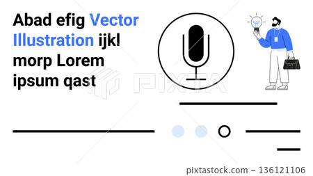 Communication tools, creative ideas, podcasting, business innovation, media strategies, sound technology. Illustration of a microphone and a business person with a lightbulb. Communication tools 136121106