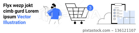 E-commerce, shopping, business strategy, online purchases, digital marketing, inventory management. Illustrated shopping cart with a notification icon, abstract business data. E-commerce and shopping 136121107