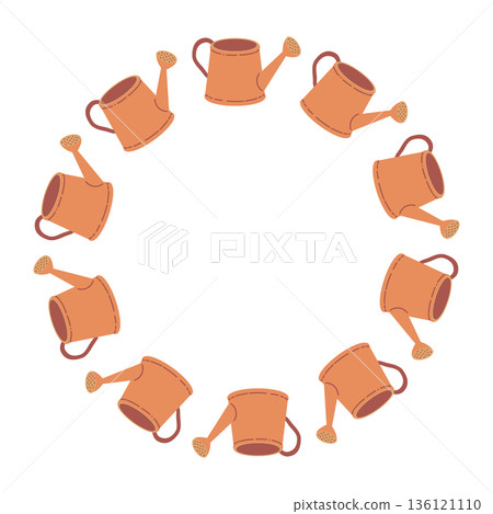 Round frame with a watering can. Summer series of flat illustrations. Tools for growing plants, gardening, and vegetable gardening. Round frame with a watering can. Summer series of flat illustrations. Tools for growing plants, gardening, and vegetable gardening. 136121110