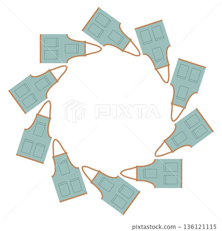 Round frame with garden aprons and tools. Summer series of flat-style illustrations. Tools for growing plants, gardening, and vegetable gardening. 136121115