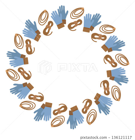 Round frame with gardening gloves and string for tying plants. Summer series of flat illustrations. Tools for growing plants, gardening, and vegetable gardening. Round frame with gardening gloves and string for tying plants. Summer series of flat illustrations. Tools for growing plants, gardening, and vegetable gardening. 136121117