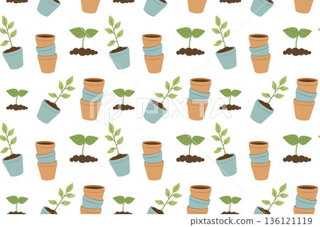 Seamless pattern with garden pots and plants. Summer series of flat illustrations. Tools for growing plants, gardening, and vegetable gardening. Seamless pattern with garden pots and plants. Summer series of flat illustrations. Tools for growing plants, gardening, and vegetable gardening. 136121119