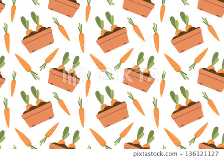Seamless pattern with plant seedlings and carrots. Summer series of flat illustrations. Tools for growing plants, gardening, and vegetable gardening. Seamless pattern with plant seedlings and carrots. Summer series of flat illustrations. Tools for growing plants, gardening, and vegetable gardening. 136121127
