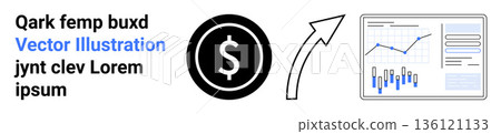 Business strategy, financial growth, investment trends, market analysis, economic progress, data visualization. Dollar sign, arrow pointing to graph. Business strategy and financial growth concept Business strategy, financial growth, investment trends, market analysis, economic progress, data visualization. Dollar sign, arrow pointing to graph. Business strategy and financial growth concept 136121133