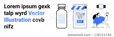 E-commerce, healthcare, digital transactions, online purchases, technology integration, virtual consultation. Smartphone with a shopping cart, medicine bottle person using smartphone. E-commerce 136121148
