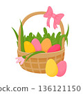 Cute Easter wicker basket pink bow full of colorful painted eggs, grass and flowers isolated on white. Design for greeting cards, posters, banners, scrapbooking, stickers 136121150