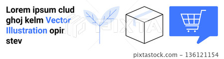 E-commerce, delivery services, online shopping, sustainability, packaging, nature. A leaf, a cube and a shopping cart icon are . E-commerce and delivery services E-commerce, delivery services, online shopping, sustainability, packaging, nature. A leaf, a cube and a shopping cart icon are . E-commerce and delivery services 136121154