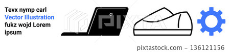 Digital design, technology integration, fashion innovation, symbol interpretation, creative graphics, conceptual design. A laptop, shoe outline and a gear symbol are visible. Technology integration Digital design, technology integration, fashion innovation, symbol interpretation, creative graphics, conceptual design. A laptop, shoe outline and a gear symbol are visible. Technology integration 136121156