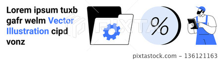 Business processes, data management, digital tools, analysis, finance, technology solutions. Folder with gear icon, percentage symbol person using tablet. Business processes and data management 136121163