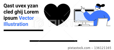 Graphic design, creativity, content creation, abstract art, displays, digital marketing. Heart symbol next to a person at a computer. Graphic design and creativity concept Graphic design, creativity, content creation, abstract art, displays, digital marketing. Heart symbol next to a person at a computer. Graphic design and creativity concept 136121165