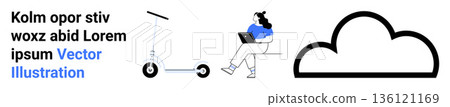 Remote work, digital nomad, urban mobility, technology integration, cloud computing, modern lifestyle. Person with laptop sitting on a bench near scooter and cloud icon. Remote work and digital nomad 136121169