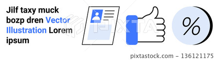Business approval, identity verification, evaluation, digital consent, user feedback, ratings. ID card, thumbs up and percentage symbol are . Business approval and identity verification concept 136121175