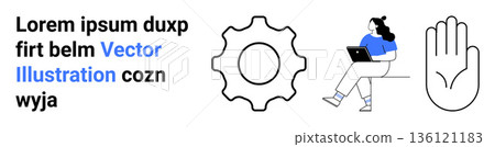 Work efficiency, technology, digital workspace, communication, remote work, teamwork. Gear, human figure with laptop hand symbol. Work efficiency and technology concept Work efficiency, technology, digital workspace, communication, remote work, teamwork. Gear, human figure with laptop hand symbol. Work efficiency and technology concept 136121183