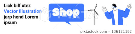 E-commerce, renewable energy, shopping platforms, environmental business, digital marketplaces, sustainability. Blue speech bubble with Shop, wind turbine and character gesturing. E-commerce E-commerce, renewable energy, shopping platforms, environmental business, digital marketplaces, sustainability. Blue speech bubble with Shop, wind turbine and character gesturing. E-commerce 136121192
