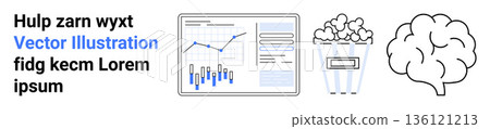 Data analysis, entertainment, cognitive science, marketing, education, business tools. Charts show data popcorn leisure a brain icon s thinking. Data analysis and entertainment concepts Data analysis, entertainment, cognitive science, marketing, education, business tools. Charts show data popcorn leisure a brain icon s thinking. Data analysis and entertainment concepts 136121213
