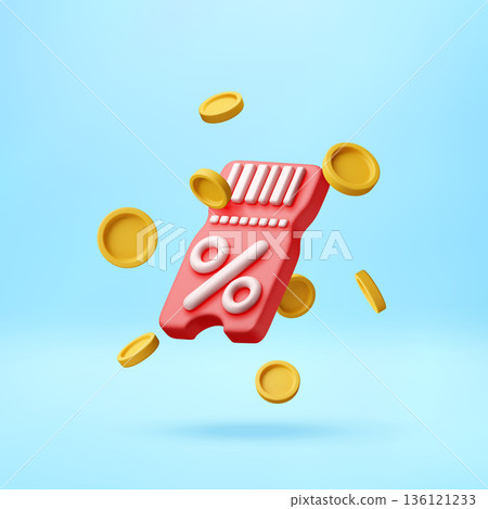 3D Red coupon with percent sign and coins 3D Red coupon with percent sign and coins 136121233