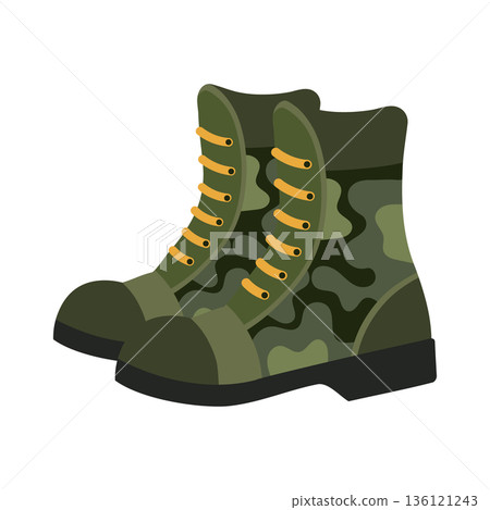 Pair of green military camouflage combat boots on a white background. Illustration, icon. 136121243