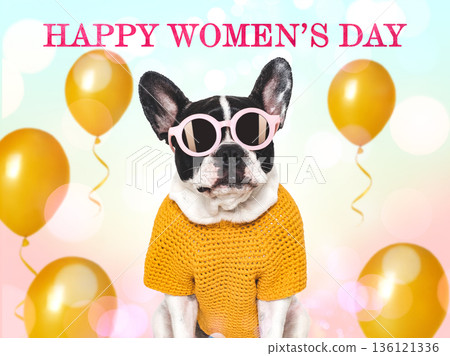 Happy Women's Day. Cute puppy and congratulatory inscription Happy Women's Day. Cute puppy and congratulatory inscription 136121336