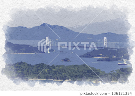 Watercolor style, Mihara, View from Fudekageyama Observation Plaza, Innoshima Bridge, Mihara City, Hiroshima Prefecture Watercolor style, Mihara, View from Fudekageyama Observation Plaza, Innoshima Bridge, Mihara City, Hiroshima Prefecture 136121354