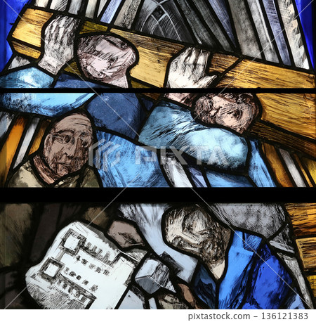 To live and work, detail of stained glass window by Sieger Koder in St. James church in Hohenberg, Germany 136121383