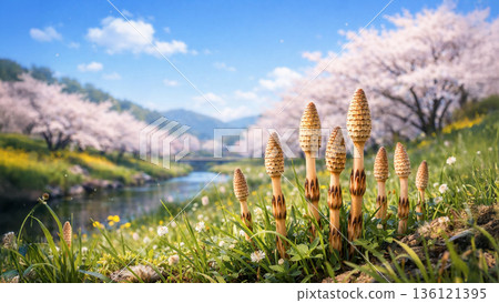 春溪潺潺,櫻花樹成排,另有一簇簇木賊。 春溪潺潺,櫻花樹成排,另有一簇簇木賊。 136121395