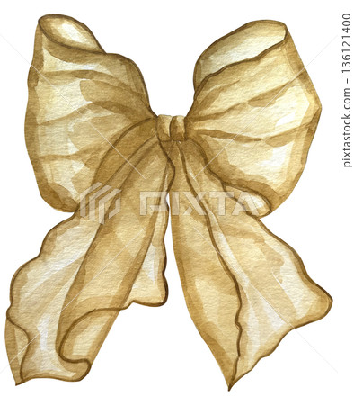 Beige ribbon bow tie. Hand drawn watercolor on white background. Beige ribbon bow tie. Hand drawn watercolor on white background. 136121400