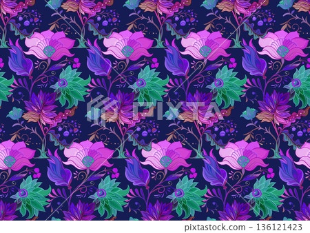 Fantasy flowers in retro, vintage, jacobean style 136121423