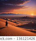 Desert Sunset Over Dunes With Lone Traveler And Ancient Ruins On A Mountain Horizon 136121426