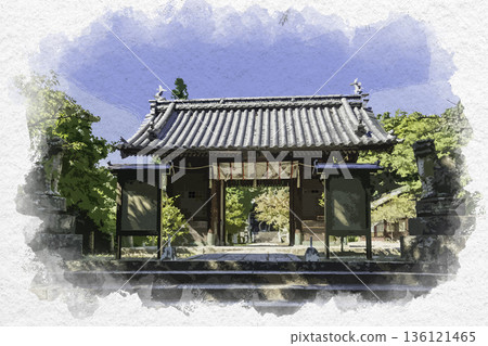 水彩風格，廣島縣三原市三原八幡宮瑞神門 136121465