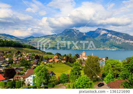 Aerial view of Spiez town with Spiez castle and Lake Thun in the Bernese Oberland, Switzerland 136121690