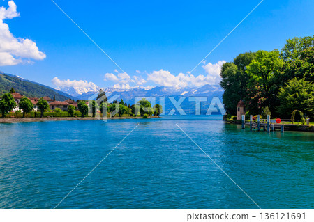 View of the Annecy lake surrounded by beautiful mountains in Annecy, France 136121691