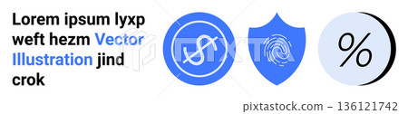 Financial security, data protection, fintech, cybersecurity, identity authentication, economic analytics. Dollar sign, fingerprint on a shield and percentage icons. Financial security and data 136121742