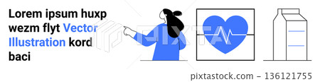 Healthcare, nutrition, health education, wellness, food packaging, graphic design. Woman pointing, heart with pulse carton. Healthcare and nutrition concepts for education and wellness 136121755