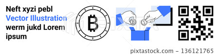 Blockchain technology, digital payments, cryptocurrency, financial transactions, QR code scanning, Bitcoin exchange. Bitcoin icon, hands exchanging coins and a QR code. Digital payments Blockchain technology, digital payments, cryptocurrency, financial transactions, QR code scanning, Bitcoin exchange. Bitcoin icon, hands exchanging coins and a QR code. Digital payments 136121765