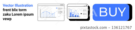 Business analytics, e-commerce, online marketing, data tracking, technology use, and financial growth. Graphs and charts alongside a prominent buy button. Business analytics and e-commerce concept 136121767