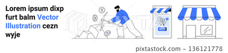 E-commerce, online shopping, financial growth, small business success, digital stores, investments. A person analyzing financial growth with icons of money, carts and storefronts. E-commerce E-commerce, online shopping, financial growth, small business success, digital stores, investments. A person analyzing financial growth with icons of money, carts and storefronts. E-commerce 136121778