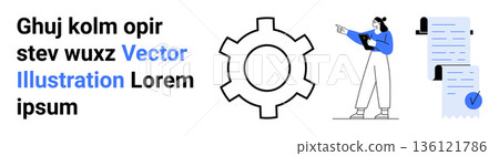Workflow systems, task management, organization, efficiency, planning, process development. Gear icon, person pointing document with a signature. Workflow systems and task management concept Workflow systems, task management, organization, efficiency, planning, process development. Gear icon, person pointing document with a signature. Workflow systems and task management concept 136121786