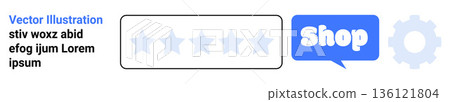 Online shopping, user feedback, e-commerce, website customization, customer experience, digital tools. Five-star rating, shop button gear icon. User feedback and online shopping concept 136121804