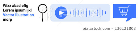 E-commerce, digital communication, online shopping, search tools, audio technology, user interface icons. Magnifying glass, play button with sound waves and shopping cart. E-commerce and search E-commerce, digital communication, online shopping, search tools, audio technology, user interface icons. Magnifying glass, play button with sound waves and shopping cart. E-commerce and search 136121808