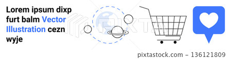 Global communication, e-commerce, social media, digital marketing, online shopping, globalization. Planet with orbits, shopping cart and heart icon. E-commerce and digital marketing concept 136121809