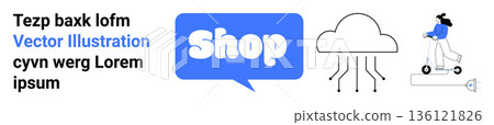 E-commerce, digital shopping, cloud storage, tech delivery, online stores, retail logistics. Blue speech bubble with shop. Cloud and figure on a scooter. E-commerce and tech delivery concept E-commerce, digital shopping, cloud storage, tech delivery, online stores, retail logistics. Blue speech bubble with shop. Cloud and figure on a scooter. E-commerce and tech delivery concept 136121826
