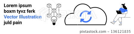 Technology, data storage, blockchain, cloud solutions, synchronization, remote work. a cloud with arrows, blockchain cubes and a person working on a laptop. Cloud solutions and data storage concept Technology, data storage, blockchain, cloud solutions, synchronization, remote work. a cloud with arrows, blockchain cubes and a person working on a laptop. Cloud solutions and data storage concept 136121835