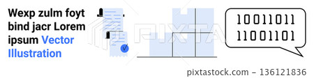 Data protection, cybersecurity, encryption, binary code, information security, digital communication. ion of documents, binary speech bubble and security check mark. Data protection Data protection, cybersecurity, encryption, binary code, information security, digital communication. ion of documents, binary speech bubble and security check mark. Data protection 136121836