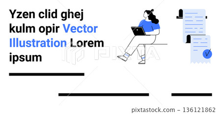 Business workflow, documentation, remote work, productivity, digital organization, workplace collaboration. Woman using laptop, checklist blue documents. Remote work and productivity concept 136121862